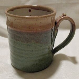 Handcrafted Studio Art Green And Tan Glaze Mug